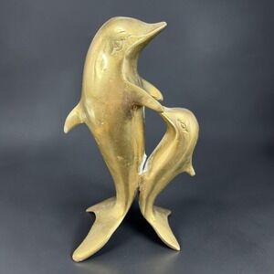 Vintage Heavy Brass Dolphin Duo Figurine Mother and Calf Nautical Decor 5.5 Inch